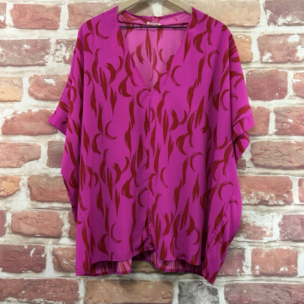 Jodifl Top Women's 2X Dark Pink Purple Multicolor Boho Abstract Casual Shirt